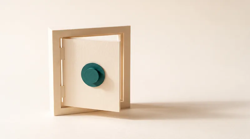 A small cream paper vault door standing slightly open in a thick cream frame, with a round teal paper dial on its face.