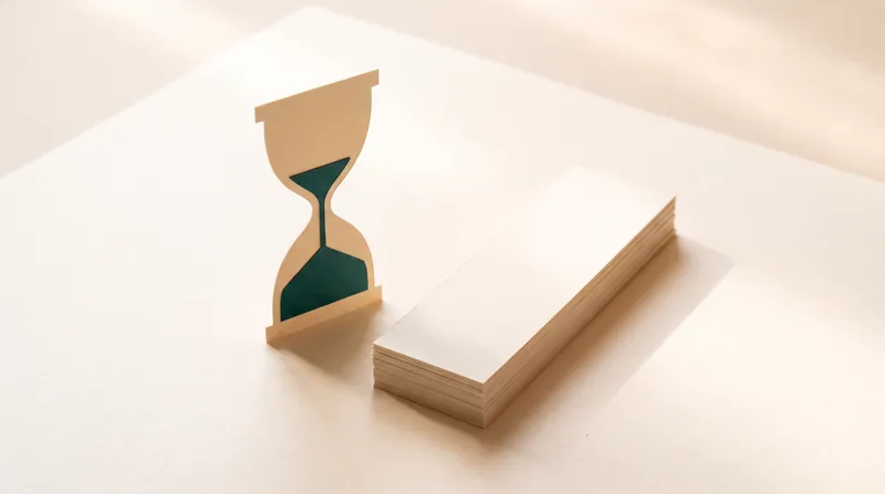 A flat cream paper hourglass with teal paper sand, standing beside a neat stack of blank cream paper strips.
