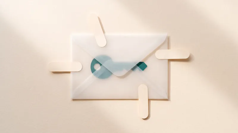 A sealed frosted paper envelope with a teal paper key visible only as a soft shape inside, and four small cream paper tabs touching its edges.