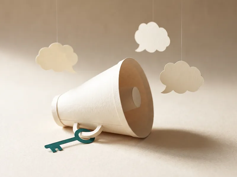 A paper megaphone with a teal key through its handle.